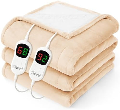 Homemate Heated Electric Blanket Queen Size - 84"x90" Heating Bed Blanket Throw with 10 Heating Levels 8 Hours Auto Off Fast Heating Over-Heat Protection Ultra Soft Flannel ETL Certified, Beige