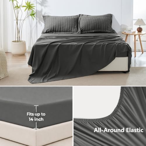 HIMEET Queen Comforter Set, 7-Piece Seersucker Bed in a Bag, Dark Grey