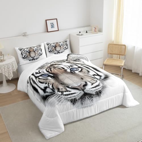 Erosebridal Boys Tiger Comforter Set Queen Size, Wild Animal Print Down Comforter for Boys Girls Teens Adult Bedroom, Grey Tiger Skin Duvet Insert Black White Stripe Bedding Comforters for Bedroom