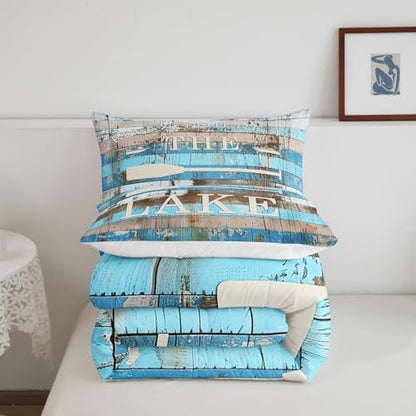 Manfei Lake Camper Comforter Set Full Size, Rustic Farmhouse Style Quilt Set with 2 Pillowcases, Blue Wooden Stripe Print Bedding Set 3pcs for Kids Boys Teens Bedroom Decor, Plank Duvet Set