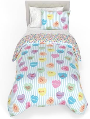Sweethearts Original Candy Hearts Bedding 5 Piece Twin Bed Set, Soft Cozy Nostalgia Reversible Comforter and Sheet Set with Sham, Officially Licensed Product By Franco