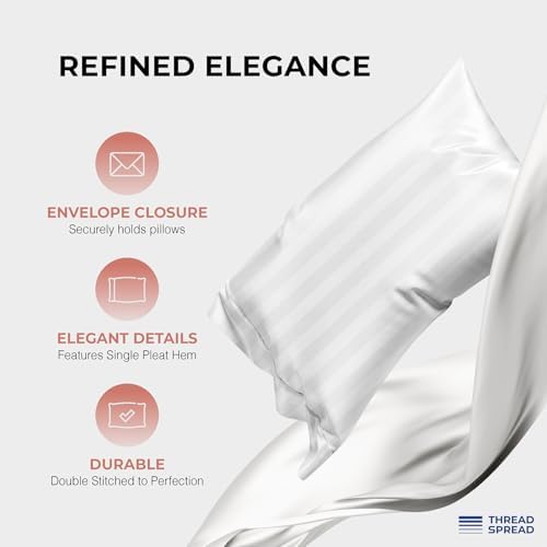 THREAD SPREAD Egyptian Cotton Sheets King Size - 1200 Series Plush Collection Damask Sheet Set Egyptian Cotton (4 PC, White Stripe), Luxury Sheet King Size, Soft, Cooling Deep Pocket Sheets