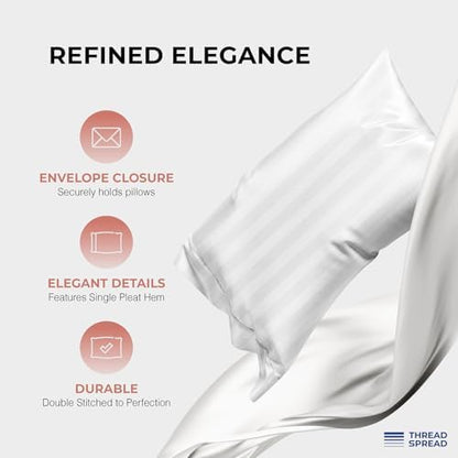 THREAD SPREAD 100% Egyptian Cotton Sheets Queen Size - 1200 Series Plush Collection Damask Sheet Set Egyptian Cotton (4 PC, White Stripe), Sateen Luxury Sheet Queen Size, 17" Deep Pocket