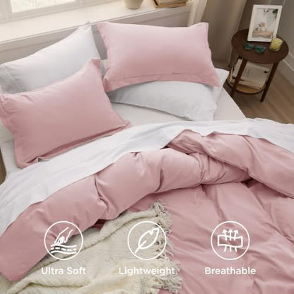 Bedsure Prewashed Duvet Cover Queen, Cotton-Like Soft Bedding Set, Pink