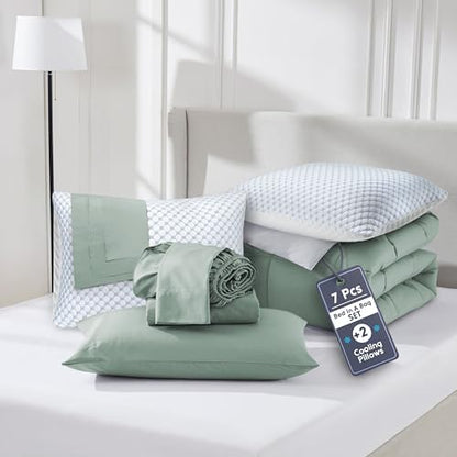 Nestl 9 Piece California King Comforter Set – Sage Green Reversible Bed in a Bag – Complete Cal King Size Bedding Set with Sheets, Set of 2 Cooling Pillows, Pillowcases and Shams