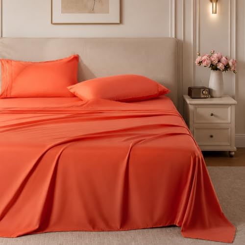 ROSE&RISY Orange Red King Sheet Set, 4 Pcs Soft Bedding King Sheet Set, Breathable and Cooling Sheet Bed Set,Includes 1 Fitted Sheet, 1 Flat Sheet, 2 Pillowcases - Deep Pocket (Orange Red, King)