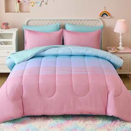 Dinjoy Girls Comforter Set Twin Size 5 Pieces Bed in A Bag Colorful Ombre Pink Green Rainbow Bedding Set for Kids Teen (1 Comforter, 1 Flat Sheet, 1 Fitted Sheet, 1 Pillow sham, 1 Pillowcases)