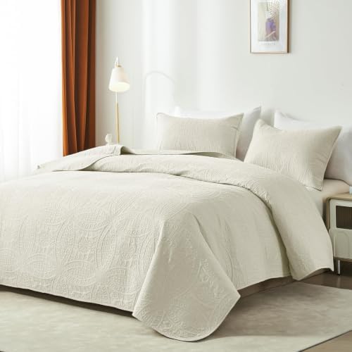 akkialla 118"x106" Cream California King Quilt Set, Oversized Floor-Length Bedspread, Modern Coin Pattern Microfiber Coverlet, 3-Piece All Season Bedding with 2 Pillow Shams