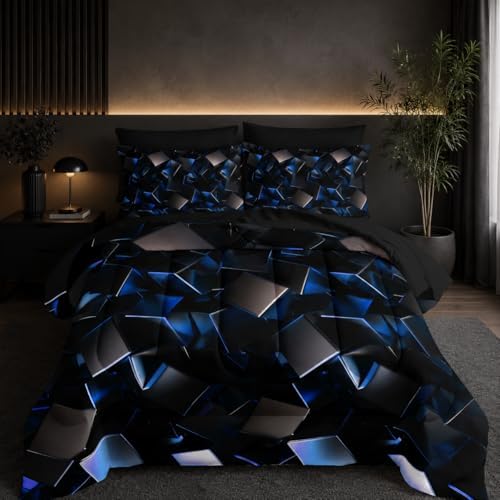 Nttopship Blue and Black Geometric Comforter Set Full Size 7PCS,Abstract Triangular Printed Bedding Set for Adults,Geometric Mordern Art Decor All Seasons with Pillowcases,Flat, Fitted Sheet