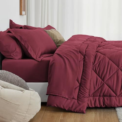 Love's cabin Twin XL Comforter Set Burgundy, 5 Pieces Twin XL Bed in a Bag, All Season Bedding Sets with 1 Comforter, 1 Flat Sheet, 1 Fitted Sheet, 1 Pillowcase and 1 Pillow Sham