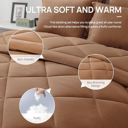 Love's cabin Oversized Queen Comforter Set, 7 Pieces Bed in a Bag, All Season Bedding Sets with 1 Comforter, 1 Flat Sheet, 1 Fitted Sheet, 2 Pillowcase and 2 Pillow Sham, Mocha Mousse