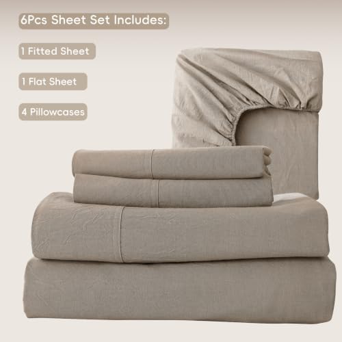 MooMee Sheet Set 100% Washed Cotton Linen-Like Extra Deep Pocket King