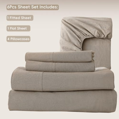 MooMee Sheet Set 100% Washed Cotton Linen-Like Extra Deep Pocket King