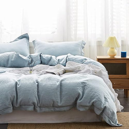 Simple&Opulence 100% French Linen Duvet Cover Set with Embroidered,2 Pcs Washed Soft Farmhouse Bedding Set with Button Closure,1 Comforter Cover and 1 Pillowsham(Twin,Dusty Blue)