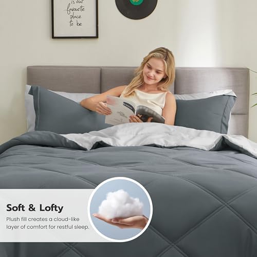 Joiedomi King Size Comforter Set with Sheets Dark Grey, 7 Pieces King Bedding Set with 1 Down Alternative Comforter, 1 Flat Sheet, 1 Fitted Sheet, 2 Pillowcases and 2 Pillow Shams, Bed in a Bag