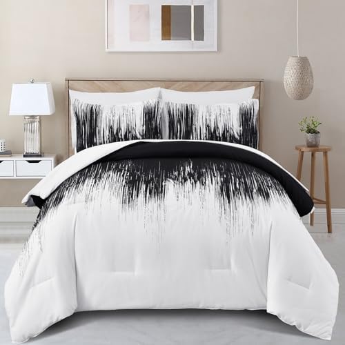 Dinjoy Ombre Black Comforter Set Full Size Gradient Black White Boho Bedding Set for Teen Men Women 7 Pieces Bed in A Bag Bohemian Bed Set with Comforter, Sheets, Pillowcases & Shams