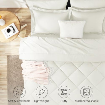 CozyLux Queen Comforter Set 88"x88" Ivory - 7 Piece Bed in a Bag