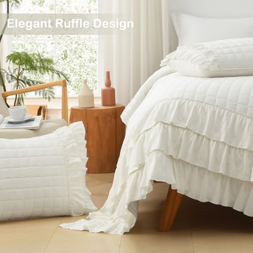 HORIMOTE HOME Ivory Ruffled Quilt Set Twin Size, Classic Geometric Square Stitched Pattern, Pre-Washed Farmhouse Shabby Chic Microfiber Lightweight Bedding Set Bedspread Coverlet for All Season
