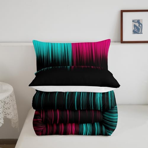 Feelyou Abstract Ombre Comforter Set Full Size, Kids Teens Teal and Red Girls Bedding Sets Decor Modern Geometric Stripes Quilt Set with 2 Pillow Cases