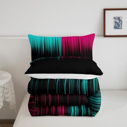 Feelyou Abstract Ombre Comforter Set Full Size, Kids Teens Teal and Red Girls Bedding Sets Decor Modern Geometric Stripes Quilt Set with 2 Pillow Cases