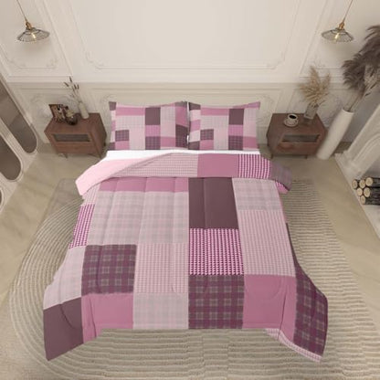 jejeloiu Plaid Bedding Set Soft for Boys Girls, Patchwork Comforter Set Toddler Size Check Checkered Duvet Quilt Microfiber Grid Geometric Bedroom Decor 2 Pcs with 1 Pillow Cases