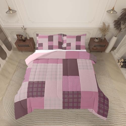jejeloiu Plaid Bedding Set Soft for Boys Girls, Patchwork Comforter Set King Size Check Checkered Duvet Quilt Microfiber Grid Geometric Bedroom Decor 3 Pcs with 2 Pillow Cases