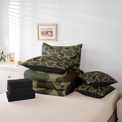 Erosebridal Fish Hunting Comforter Set Full Size Army Camouflage Hunter Bedding Sets 7 Piece Rustic Wildlife Bed in a Bag Farmhouse Bass Fish Sheet Set with Comforter Vintage Army Green Decor
