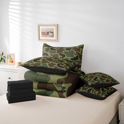 Erosebridal Fish Hunting Comforter Set Full Size Army Camouflage Hunter Bedding Sets 7 Piece Rustic Wildlife Bed in a Bag Farmhouse Bass Fish Sheet Set with Comforter Vintage Army Green Decor