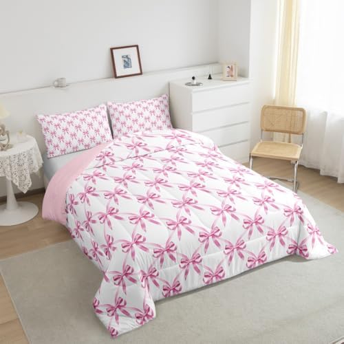 Manfei Pink Bow Comforter Set Toddler Size, Cute Bowknot Geometric Lattice Bedding Set 2pcs, Princess Kawaii Bow Tie Patchwrok Down Comforter for All Season, Kids Girls Room Decor, 1 Pillowcase
