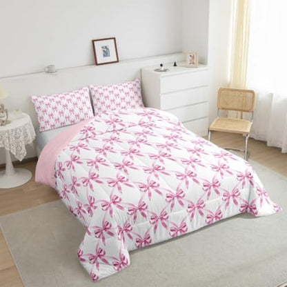 Manfei Pink Bow Comforter Set Toddler Size, Cute Bowknot Geometric Lattice Bedding Set 2pcs, Princess Kawaii Bow Tie Patchwrok Down Comforter for All Season, Kids Girls Room Decor, 1 Pillowcase