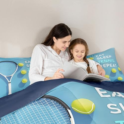Castle Fairy Sports Tennis Bedding Set Full Size Tennis Racket Balls Comforter Set for Kids Teens Room Decor Fashion Sport Competition Duvet Insert SkyBlue Yellow Down Comforter Set,3Pcs