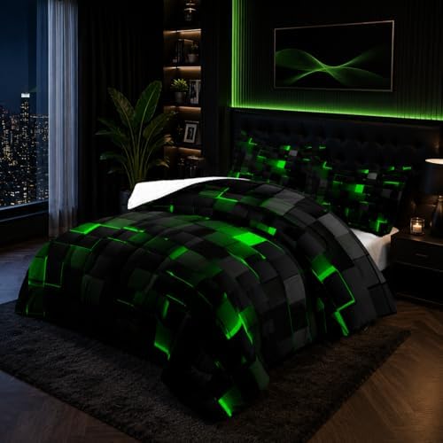 Nttopship Geometric Green Black Comforter Set,Light Honeycomb 3 Piece Bedding Set Twin Size for Teen Boys,Modern Quilt Set Geometry Decor,Microfiber Lightweight 1 Comforter 2 Pillowcases All Season