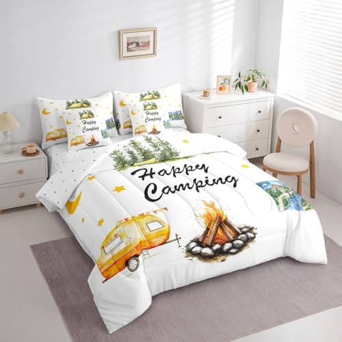 Erosebridal Happy Camping Bedding Set for Kids Teens,Camping Lovers Comforter Set Twin Size,Cartoon Moon Stars (Comforter+Fitted+Flat Sheet+2 Pillowcases+2 Throw Pillow Covers) 7 Pieces Bed Set