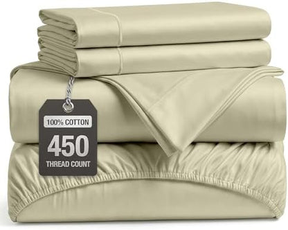 450TC Cotton Queen Bedsheet - Silky Smooth Sateen Weave, Linen