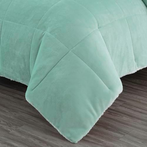 Chezmoi Collection Ultra-Soft Micromink Sherpa Queen Size Comforter Set with 2 Pillow Shams - Aqua Reversible Plush Bedding Comforter 3-Piece Set Warm Winter Blanket