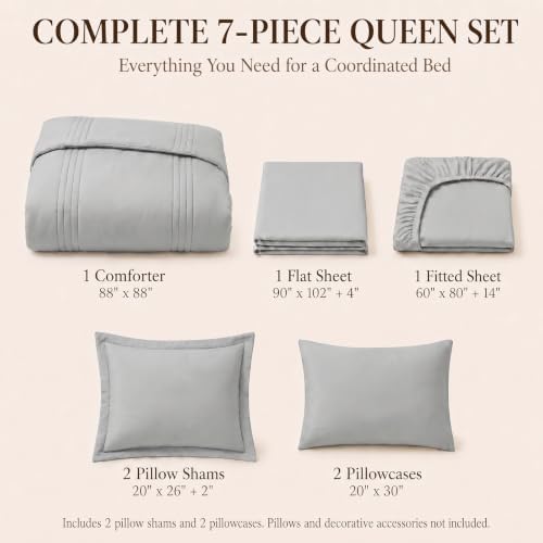 CozyLux Queen Comforter Set Light Grey - 7 Pieces Bed in a Bag