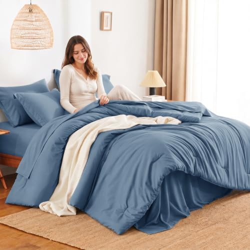 HIMEET King Comforter Set, 7-Piece Point-Quilted Bed in a Bag, Grayish Blue
