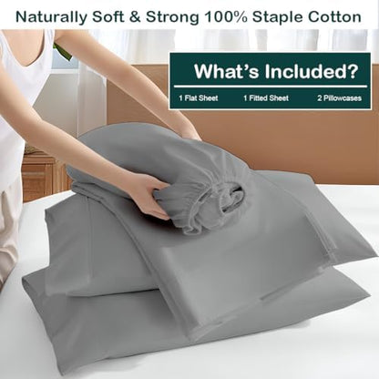NON Sticky cotton King 4 Piece Sheet Set, 100% Long Staple Cotton, Soft Cooling Hotel Luxury Bedding Sheets, Deep Pocket Fits 10" to 18" Mattress, 78" x 80", Light Grey Solid