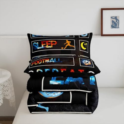 Boys Football Comforter Set, Soccer Sports Games Bedding Set Twin Size For Kids Girls Teens Adult Men, Ice And Fire Duvet Insert Eat Sleep Football Bedding Comforters With 1 Pillow Case, Gold Blue