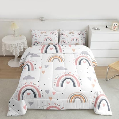 Rainbow Queen Bedding Sets For Girls, Kawaii Cloud Comforter Set 3 Pieces With 2 Pillow Cases, Pink Love Heart Down Comforter For Kids Boys Women Adult, Hand Drawn Cartoon Rainbow Duvet Insert
