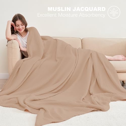 Cosy Family 6 Layer Muslin Bed Blanket - Breathable and Lightweight Gauze Boho Blanket for Spring, Soft 100% Cotton Muslin, Brown, 55x80 Inches
