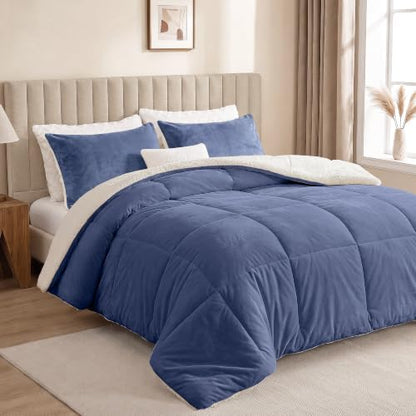 Fluffy Sherpa Queen Comforter Set, Thick Bedding Set 3 Pieces, Slate Blue