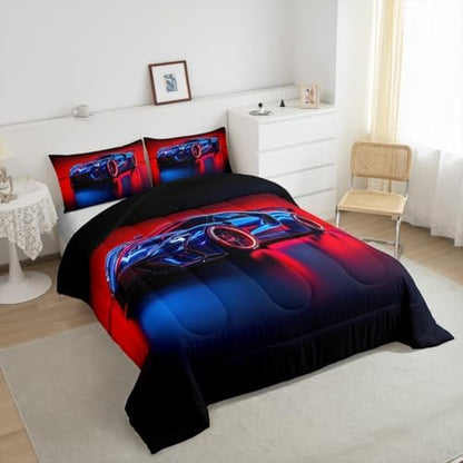 Erosebridal Boys Race Car Toddler Size Bedding Set Kids Racing Car Comforter for Teen Boys 3D Red Blue Sports Cars Bedding Comforter Sets,Cars Racing Games Duvet,Cama De Carro para Niños Decoración