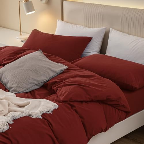 JIYUAN Queen Washed Cotton Duvet Cover Set, 3-Piece, Relaxed Linen Feel