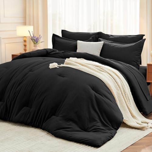 MUXHOMO 7 Pieces Oversized King Comforter Set, Soft Bed in a Bag Oversized King Size, All Season Bedding Set with Comforter, Flat Sheet, Fitted Sheet, Pillowcases & Shams, Black