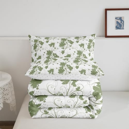 jejeloiu Green Flower Comforter Set Full Size Kids Floral Bedding Set for Boys Girls Teens Botanical Duvet Breathable Minimalist Aesthetics Quilt Bedroom Decor,1 Comforter with 2 Pillowcase