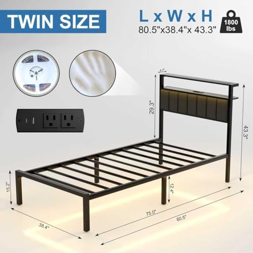 J.Fkne Twin Bed Frames with Charging Station and LED Lights, Twin Size Platform Bed with Metal Slats, Upholstered Headboard with 2-Tier Storage Shelves, No Box Spring Needed, Easy Assembly, Black