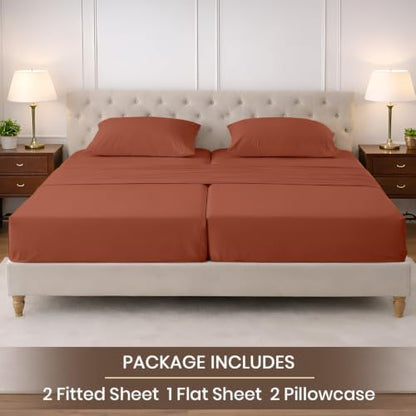 SGI Split King Sheet Set for Adjustable Bed Egyptian Premium Cotton Sheets for Sleep Number Bed 15" Deep Pocket 5 Pc Set with 2 Twin XL Fitted Sheets Soft Breathable -Terracotta