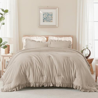 Andency Wheat Queen Comforter Set, 3 Pieces Farmhouse Shabby Chic Bedding