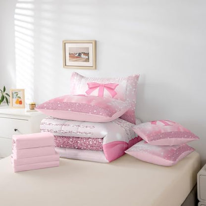 Feelyou Kids Pink Bowknot Comforter Set with Sheets Queen Size